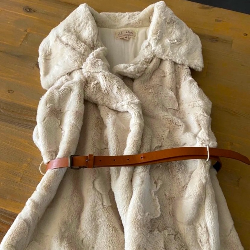 Faux Fur, cream color with tan slim belt, size M